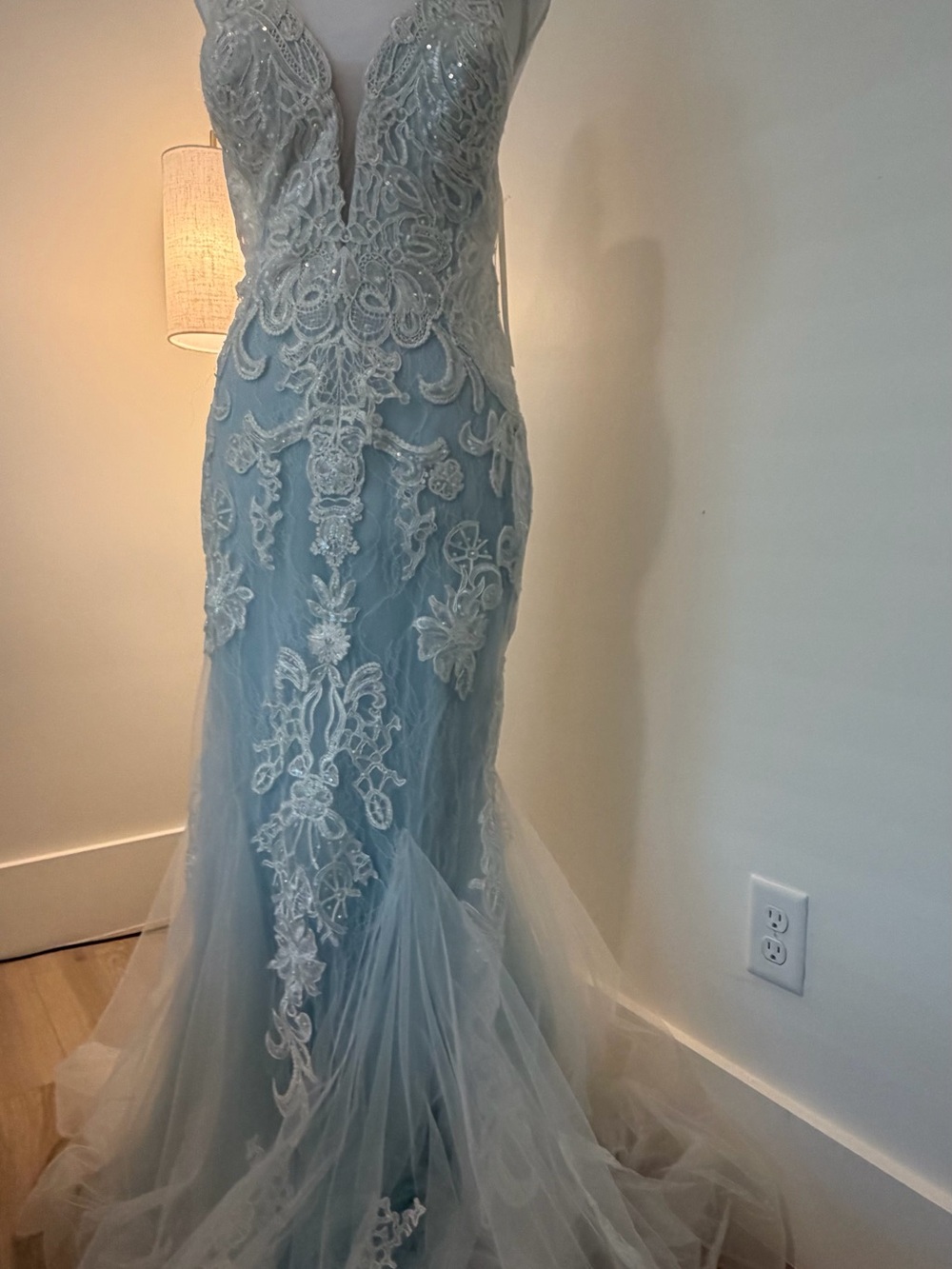 2 Cute Light Blue and White Lace Mermaid Prom Dress - Picture 3 of 11